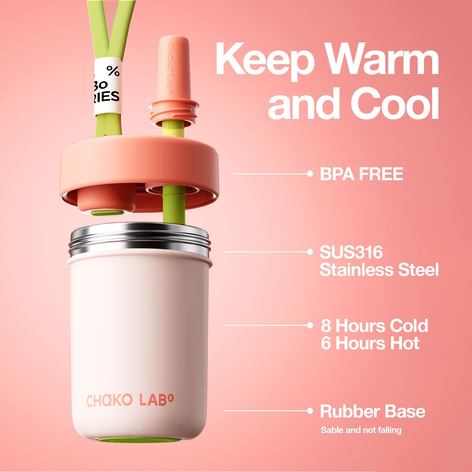 Chako Lab Bobo termos šalica i posuda 485ml, ružičasta, BPA free, 8h hladno 6h vruće, gumena baza